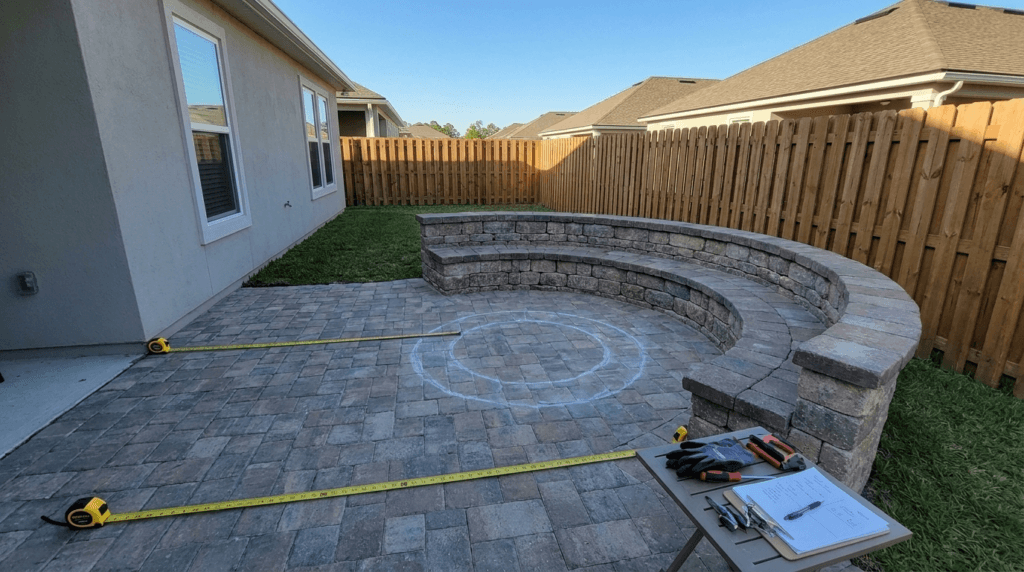 Backyard fire pit patio under construction with stone seating wall and paver layout