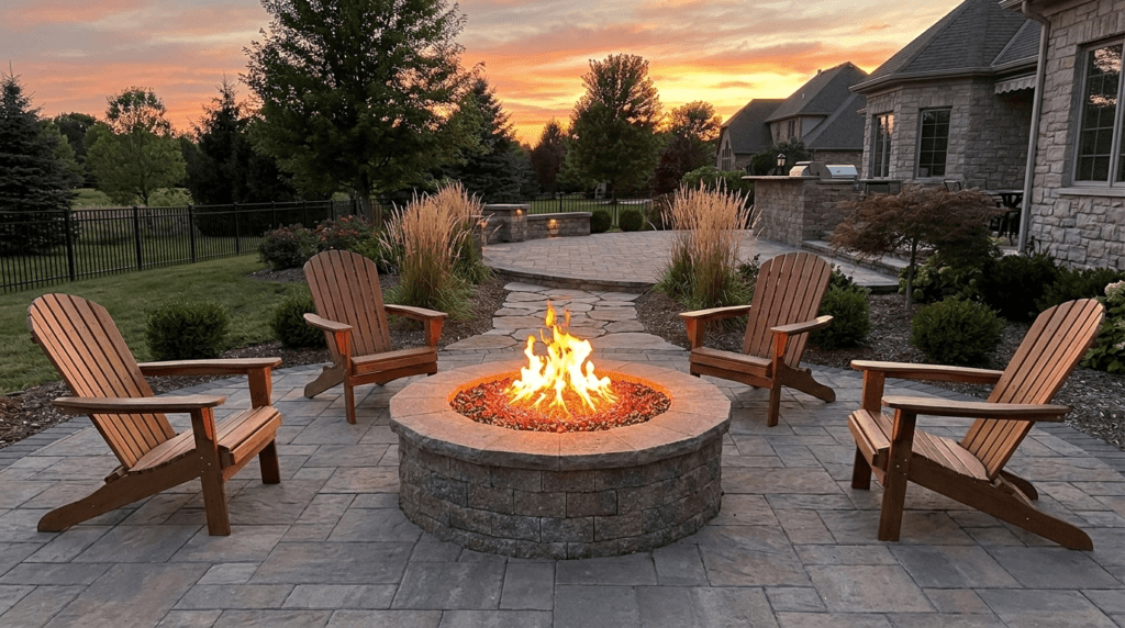 Backyard fire pit with Adirondack chairs on a stone patio at sunset