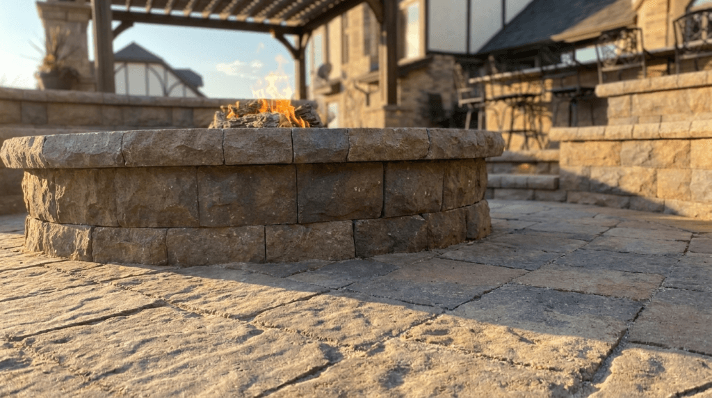 Outdoor backyard fire pit with stone pavers and built-in patio design
