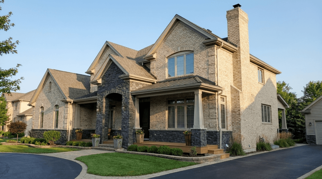 Large two-story home featuring light brick veneer and dark stone veneer siding accents