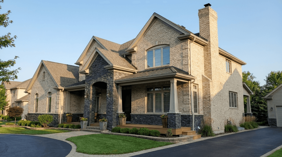 Large two-story home featuring light brick veneer and dark stone veneer siding accents