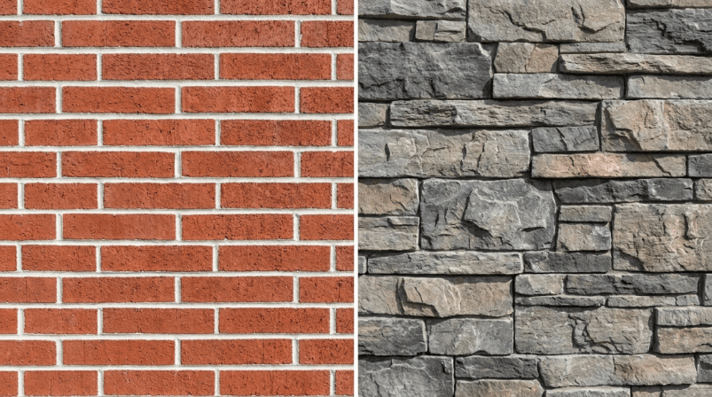 Brick veneer vs stone veneer siding comparison showing texture and style differences