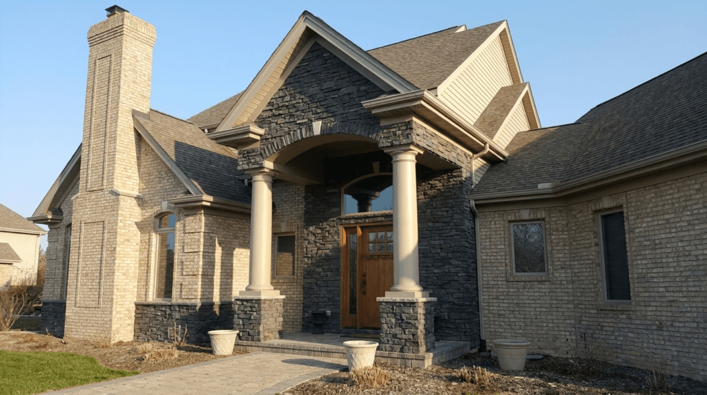 Luxury home exterior featuring brick veneer and stone veneer siding accents