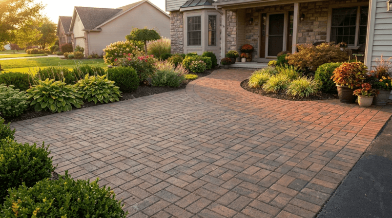 Luxury brick paver driveway with colorful garden beds and front entrance