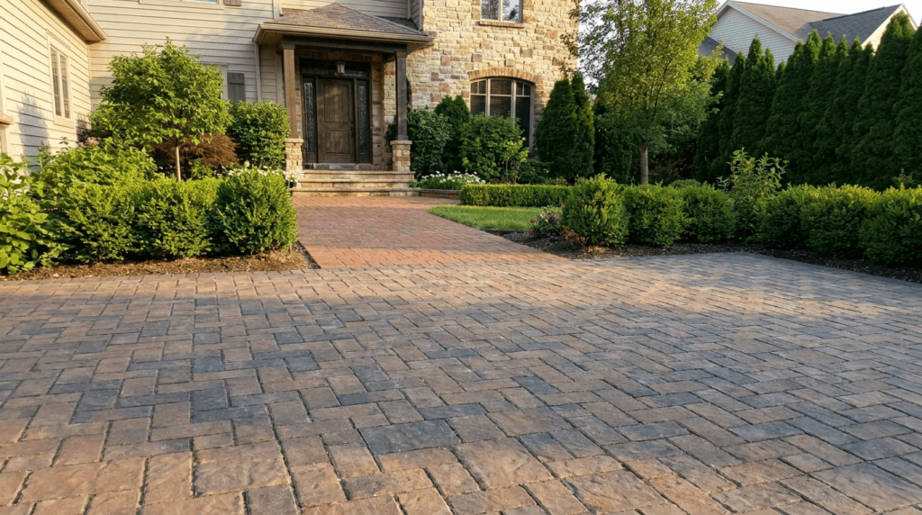 Large residential paver driveway with green shrubs and modern home exterior