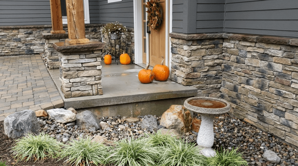 Stone siding around a front porch with stacked stone columns and gray house exterior