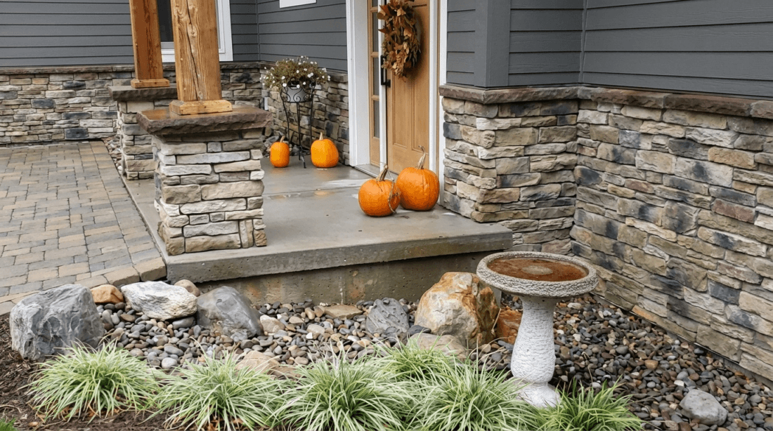 Stone siding around a front porch with stacked stone columns and gray house exterior