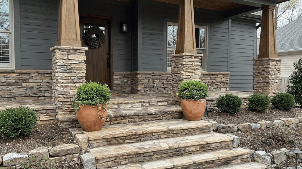 Stone siding wainscoting with wood porch columns and stone steps on a gray home