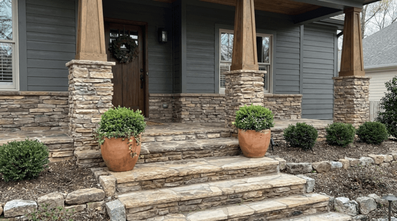 Stone siding wainscoting with wood porch columns and stone steps on a gray home
